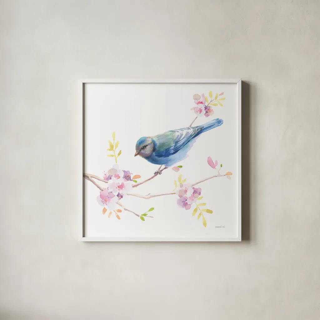 Flight Friends IV by Danhui Nai. Shown in a crisp white glass frame for a clean and minimalist style. Available as an archival giclee rolled canvas, fine art paper, or poster print. SKU 68009a.
