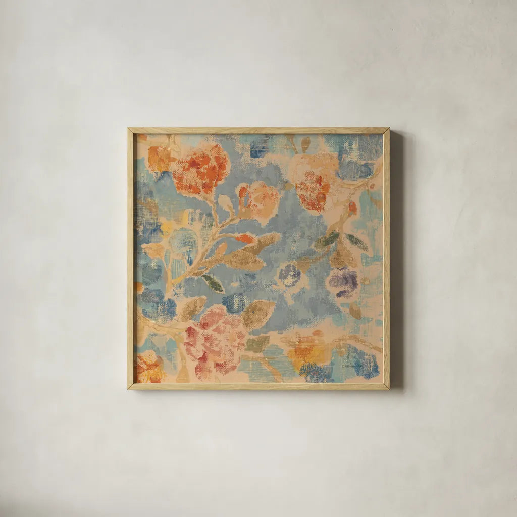 Floral Memory by Danhui Nai. Shown in a natural wood glass frame for a timeless modern aesthetic. Available as an archival giclee rolled canvas, fine art paper, or poster print. SKU 94969a.