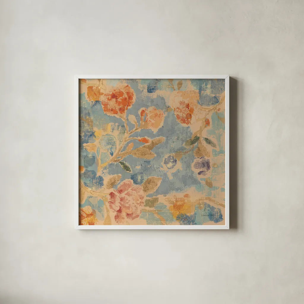 Floral Memory by Danhui Nai. Shown in a crisp white glass frame for a clean and minimalist style. Available as an archival giclee rolled canvas, fine art paper, or poster print. SKU 94969a.