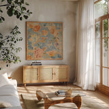 Floral Memory by Danhui Nai. Shown in a natural wood frame in a cozy modern living room. Available as an archival giclee rolled canvas, fine art paper, or poster print. SKU 94969a.