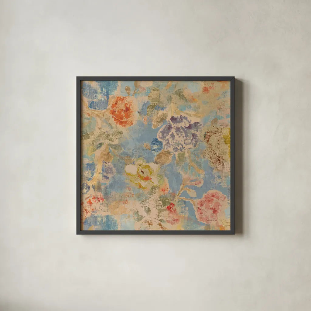 Floral Memory II by Danhui Nai. Shown in a sleek black glass frame for a contemporary gallery look. Available as an archival giclee rolled canvas, fine art paper, or poster print. SKU 95124a.