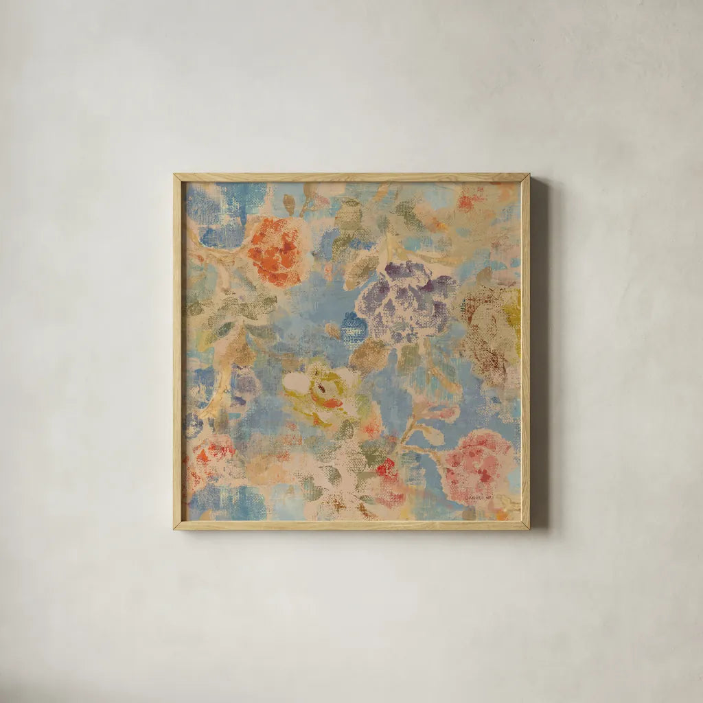 Floral Memory II by Danhui Nai. Shown in a natural wood glass frame for a timeless modern aesthetic. Available as an archival giclee rolled canvas, fine art paper, or poster print. SKU 95124a.