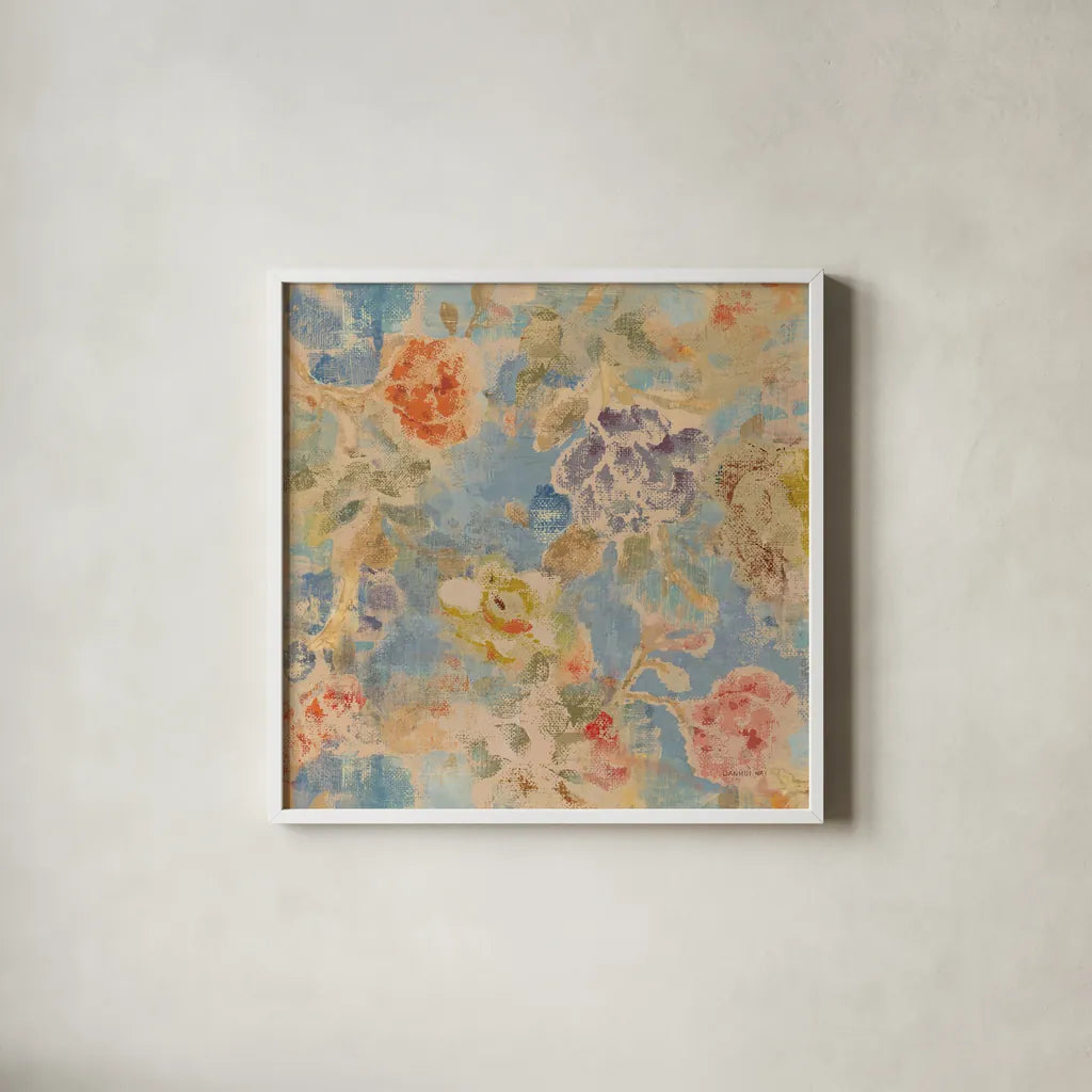 Floral Memory II by Danhui Nai. Shown in a crisp white glass frame for a clean and minimalist style. Available as an archival giclee rolled canvas, fine art paper, or poster print. SKU 95124a.