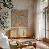 Floral Memory II by Danhui Nai. Shown in a natural wood frame in a cozy modern living room. Available as an archival giclee rolled canvas, fine art paper, or poster print. SKU 95124a.