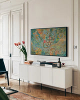 Floral Paisley by Danhui Nai. shown as a framed stretched canvas in a living room above a console. Available as a archival giclee rolled canvas, fine art paper, or poster print. SKU 64838i.