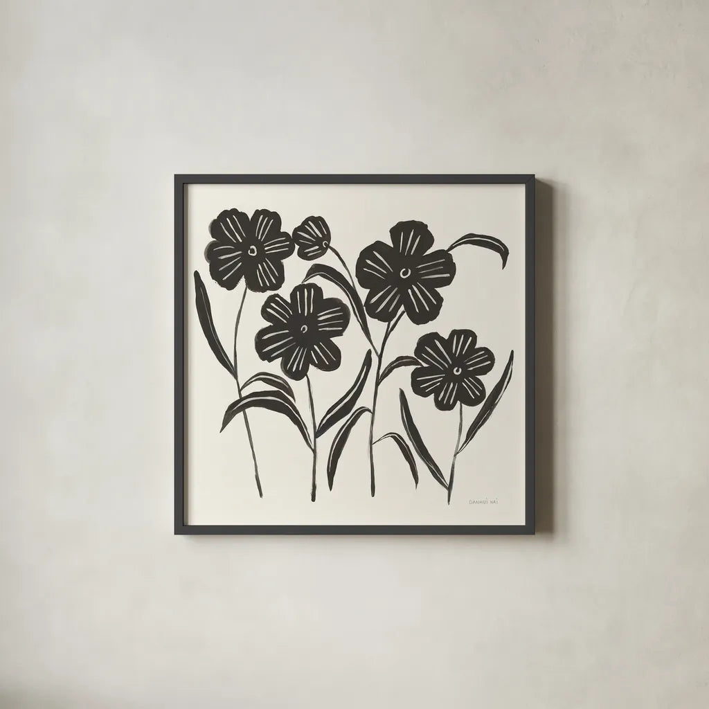 Floral Simplicity I Cream by Danhui Nai. Shown in a sleek black glass frame for a contemporary gallery look. Available as an archival giclee rolled canvas, fine art paper, or poster print. SKU 81929a.