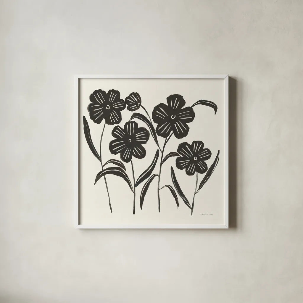 Floral Simplicity I Cream by Danhui Nai. Shown in a crisp white glass frame for a clean and minimalist style. Available as an archival giclee rolled canvas, fine art paper, or poster print. SKU 81929a.