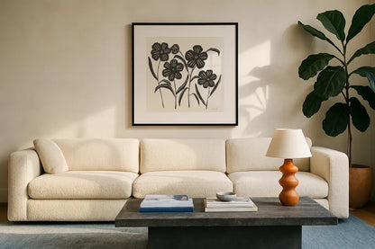 Floral Simplicity I Cream by Danhui Nai. Displayed in a glass frame with matte in a clean modern living room. Available as an archival giclee rolled canvas, fine art paper, or poster print. SKU 81929a.