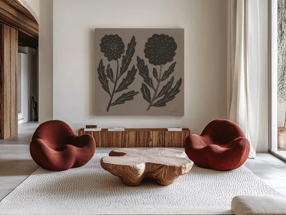 Floral Simplicity II by Danhui Nai. Shown as extra-large giant wall art in a modern living room. Available as an archival giclee rolled canvas, fine art paper, or poster print. SKU 81737a.