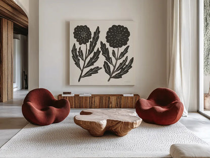 Floral Simplicity II Cream by Danhui Nai. Shown as extra-large giant wall art in a modern living room. Available as an archival giclee rolled canvas, fine art paper, or poster print. SKU 81930a.