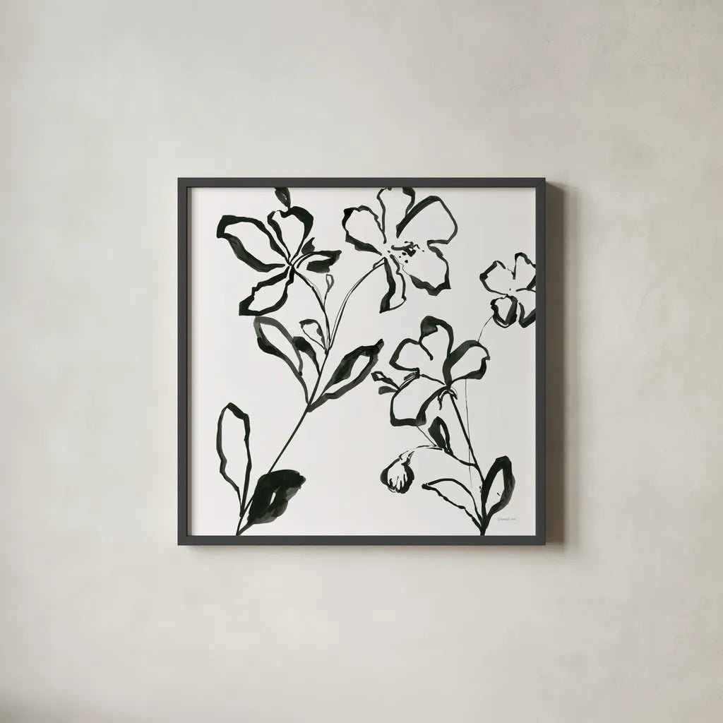 Floral Sketch I by Danhui Nai. Shown in a sleek black glass frame for a contemporary gallery look. Available as an archival giclee rolled canvas, fine art paper, or poster print. SKU 92026a.