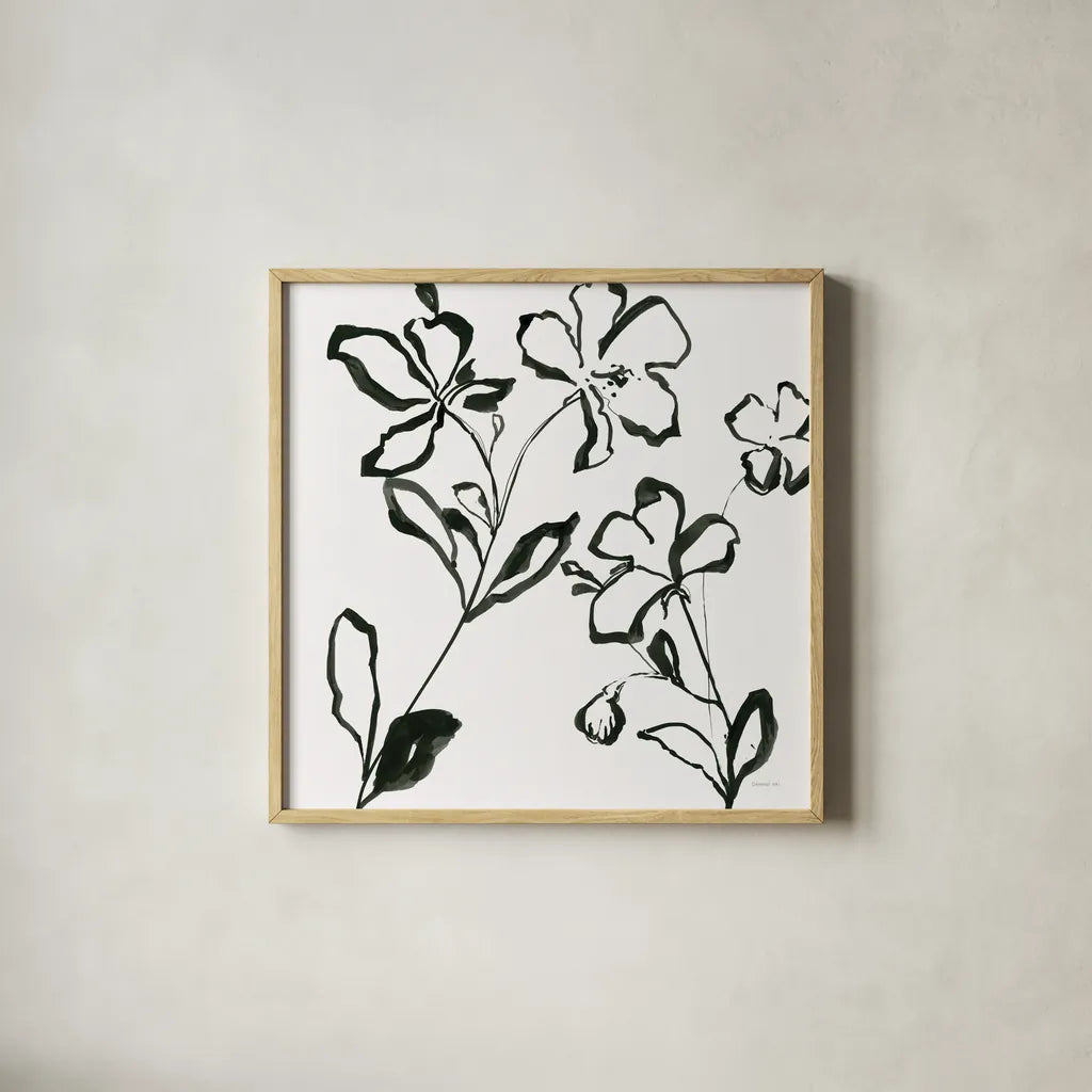 Floral Sketch I by Danhui Nai. Shown in a natural wood glass frame for a timeless modern aesthetic. Available as an archival giclee rolled canvas, fine art paper, or poster print. SKU 92026a.