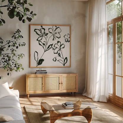 Floral Sketch I by Danhui Nai. Shown in a natural wood frame in a cozy modern living room. Available as an archival giclee rolled canvas, fine art paper, or poster print. SKU 92026a.