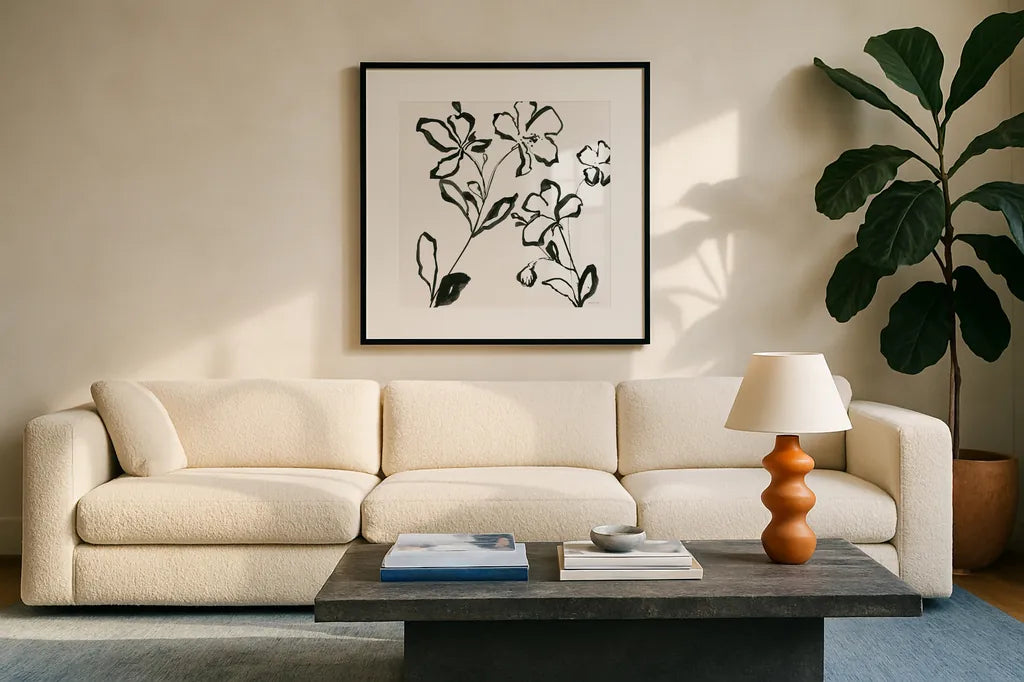Floral Sketch I by Danhui Nai. Displayed in a glass frame with matte in a clean modern living room. Available as an archival giclee rolled canvas, fine art paper, or poster print. SKU 92026a.
