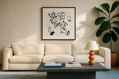 Floral Sketch I by Danhui Nai. Displayed in a glass frame with matte in a clean modern living room. Available as an archival giclee rolled canvas, fine art paper, or poster print. SKU 92026a.