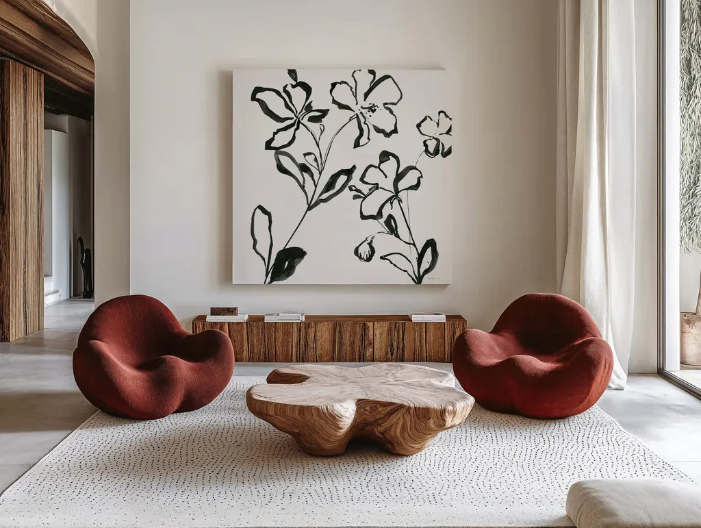 Floral Sketch I by Danhui Nai. Shown as extra-large giant wall art in a modern living room. Available as an archival giclee rolled canvas, fine art paper, or poster print. SKU 92026a.