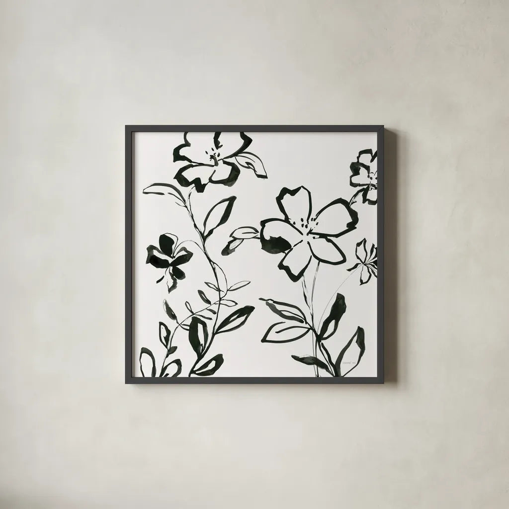 Floral Sketch II by Danhui Nai. Shown in a sleek black glass frame for a contemporary gallery look. Available as an archival giclee rolled canvas, fine art paper, or poster print. SKU 92027a.