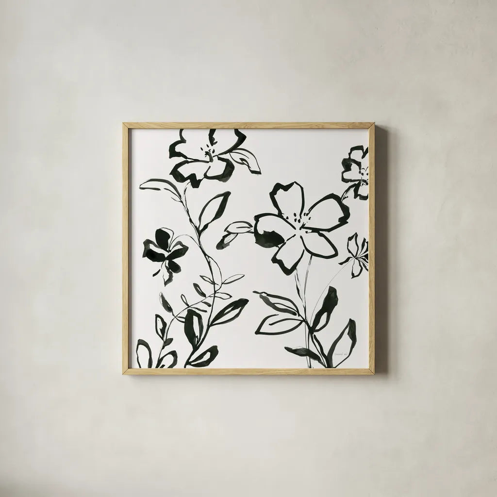 Floral Sketch II by Danhui Nai. Shown in a natural wood glass frame for a timeless modern aesthetic. Available as an archival giclee rolled canvas, fine art paper, or poster print. SKU 92027a.