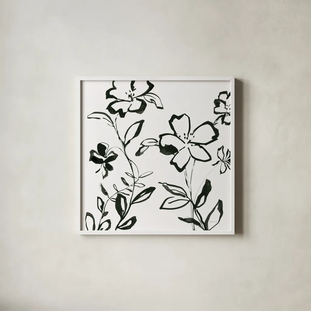 Floral Sketch II by Danhui Nai. Shown in a crisp white glass frame for a clean and minimalist style. Available as an archival giclee rolled canvas, fine art paper, or poster print. SKU 92027a.