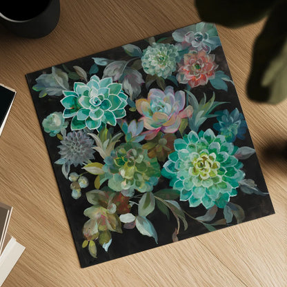 Floral Succulents by Danhui Nai. Shown as a detailed flat fine art print, highlighting archival giclee quality. Available as an archival giclee rolled canvas, fine art paper, or poster print. SKU 32083a.