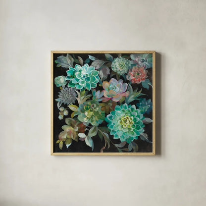 Floral Succulents by Danhui Nai. Shown in a natural wood glass frame for a timeless modern aesthetic. Available as an archival giclee rolled canvas, fine art paper, or poster print. SKU 32083a.