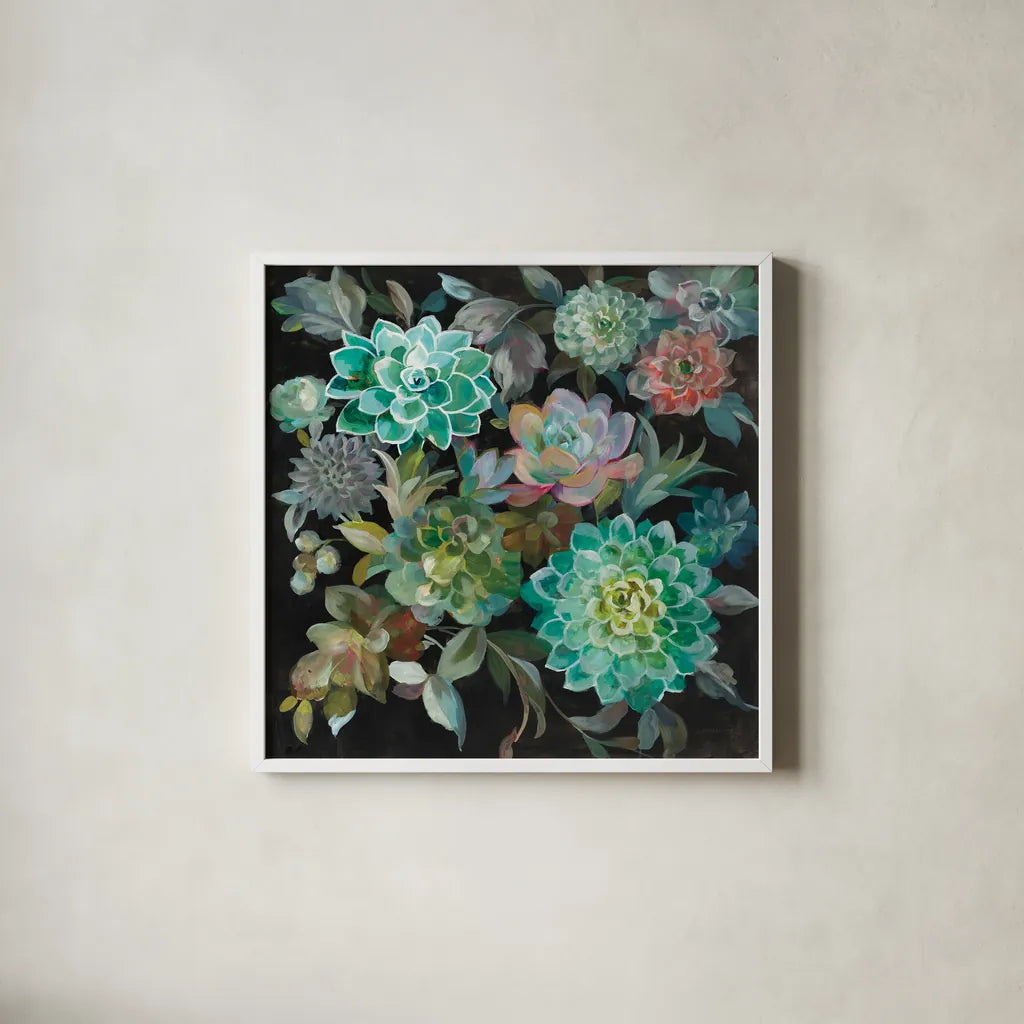Floral Succulents by Danhui Nai. Shown in a crisp white glass frame for a clean and minimalist style. Available as an archival giclee rolled canvas, fine art paper, or poster print. SKU 32083a.