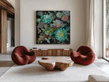 Floral Succulents by Danhui Nai. Shown as extra-large giant wall art in a modern living room. Available as an archival giclee rolled canvas, fine art paper, or poster print. SKU 32083a.