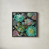 Floral Succulents v2 Crop by Danhui Nai. Shown in a sleek black glass frame for a contemporary gallery look. Available as an archival giclee rolled canvas, fine art paper, or poster print. SKU 32929a.