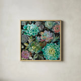 Floral Succulents v2 Crop by Danhui Nai. Shown in a natural wood glass frame for a timeless modern aesthetic. Available as an archival giclee rolled canvas, fine art paper, or poster print. SKU 32929a.