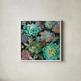 Floral Succulents v2 Crop by Danhui Nai. Shown in a crisp white glass frame for a clean and minimalist style. Available as an archival giclee rolled canvas, fine art paper, or poster print. SKU 32929a.