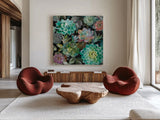 Floral Succulents v2 Crop by Danhui Nai. Shown as extra-large giant wall art in a modern living room. Available as an archival giclee rolled canvas, fine art paper, or poster print. SKU 32929a.