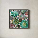 Floral Succulents v2 Crop on Pink by Danhui Nai. Shown in a sleek black glass frame for a contemporary gallery look. Available as an archival giclee rolled canvas, fine art paper, or poster print. SKU 33239a.
