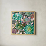 Floral Succulents v2 Crop on Pink by Danhui Nai. Shown in a natural wood glass frame for a timeless modern aesthetic. Available as an archival giclee rolled canvas, fine art paper, or poster print. SKU 33239a.