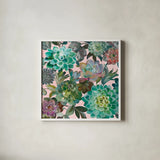 Floral Succulents v2 Crop on Pink by Danhui Nai. Shown in a crisp white glass frame for a clean and minimalist style. Available as an archival giclee rolled canvas, fine art paper, or poster print. SKU 33239a.