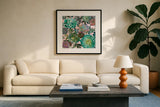 Floral Succulents v2 Crop on Pink by Danhui Nai. Displayed in a glass frame with matte in a clean modern living room. Available as an archival giclee rolled canvas, fine art paper, or poster print. SKU 33239a.
