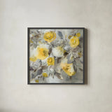 Floral Uplift Yellow Gray by Danhui Nai. Shown in a sleek black glass frame for a contemporary gallery look. Available as an archival giclee rolled canvas, fine art paper, or poster print. SKU 68683a.