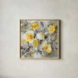 Floral Uplift Yellow Gray by Danhui Nai. Shown in a natural wood glass frame for a timeless modern aesthetic. Available as an archival giclee rolled canvas, fine art paper, or poster print. SKU 68683a.
