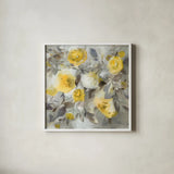 Floral Uplift Yellow Gray by Danhui Nai. Shown in a crisp white glass frame for a clean and minimalist style. Available as an archival giclee rolled canvas, fine art paper, or poster print. SKU 68683a.