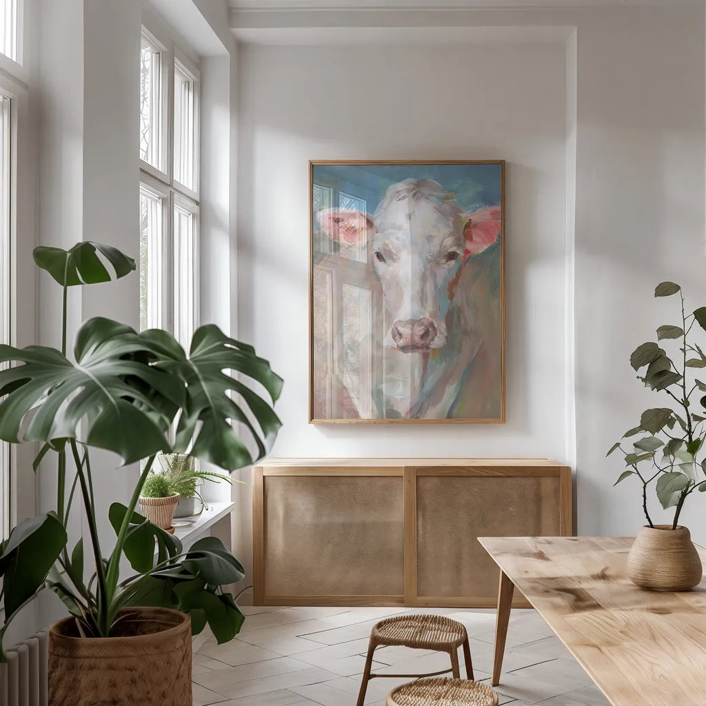 Flossie by Danhui Nai. shown as a print in a natural wood frame in a dining room. Available as a archival giclee rolled canvas, fine art paper, or poster print. SKU 73187h.