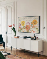 Floursack Autumn IX by Danhui Nai. shown as a framed stretched canvas in a living room above a console. Available as a archival giclee rolled canvas, fine art paper, or poster print. SKU 48773i.