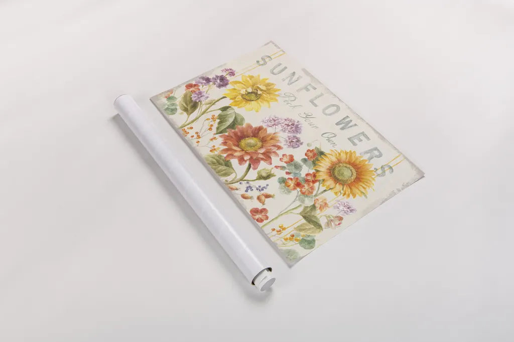 Floursack Autumn IX Sunflowers by Danhui Nai. shown as a rolled paper print. Available as archival giclee rolled canvas, fine art paper, or poster print. SKU 54355i.