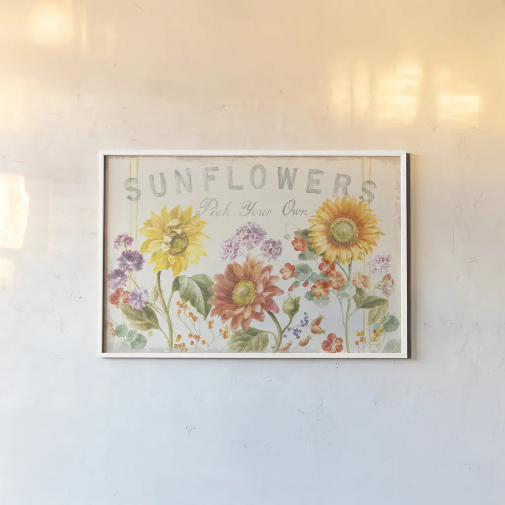 Floursack Autumn IX Sunflowers by Danhui Nai. shown as a paper print in a white frame. Available as a archival giclee rolled canvas, fine art paper, or poster print. SKU 54355i.