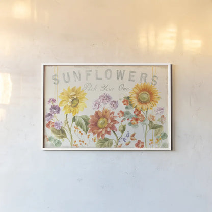 Floursack Autumn IX Sunflowers by Danhui Nai. shown as a paper print in a white frame. Available as a archival giclee rolled canvas, fine art paper, or poster print. SKU 54355i.