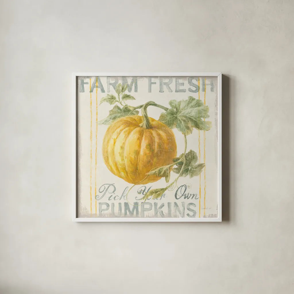 Floursack Autumn V by Danhui Nai. Shown in a crisp white glass frame for a clean and minimalist style. Available as an archival giclee rolled canvas, fine art paper, or poster print. SKU 48769a.