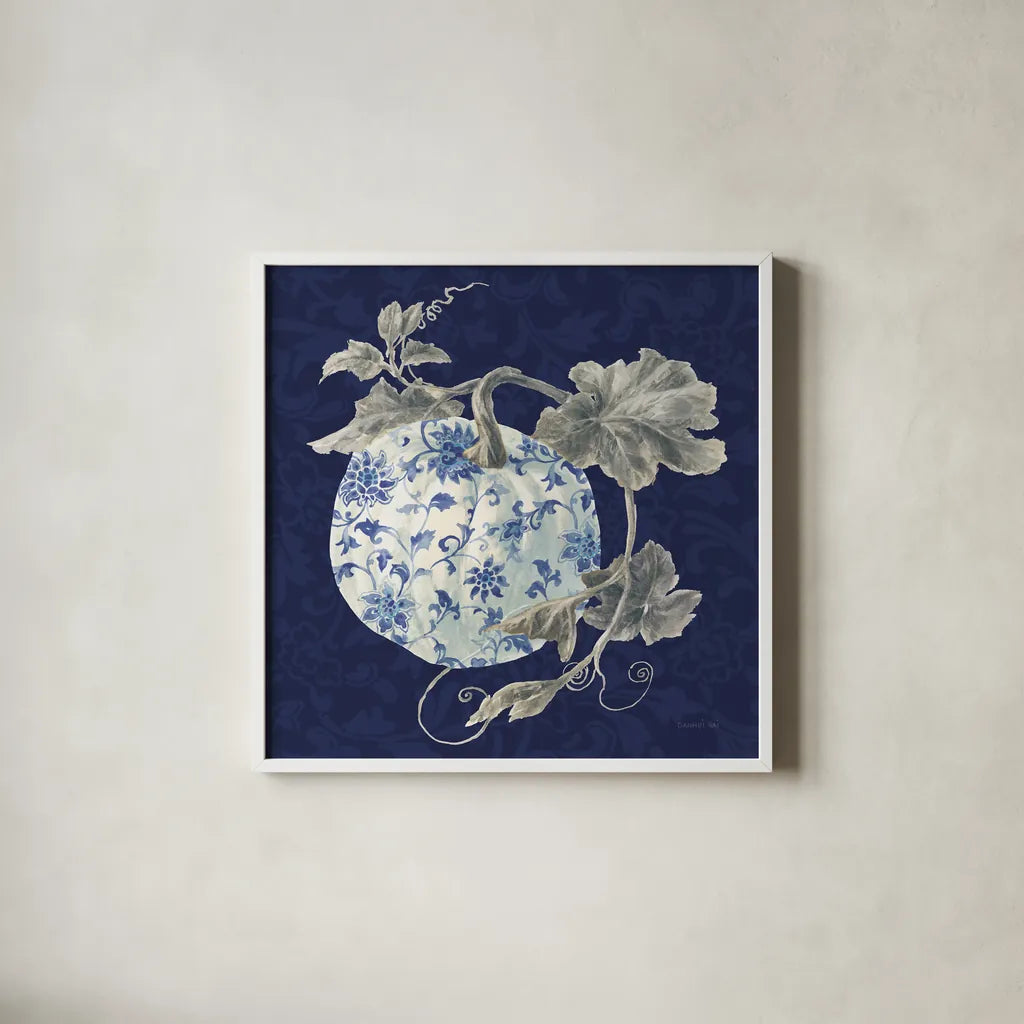 Floursack Autumn V Chinoiserie by Danhui Nai. Shown in a crisp white glass frame for a clean and minimalist style. Available as an archival giclee rolled canvas, fine art paper, or poster print. SKU 82801a.