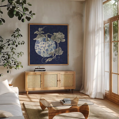 Floursack Autumn V Chinoiserie by Danhui Nai. Shown in a natural wood frame in a cozy modern living room. Available as an archival giclee rolled canvas, fine art paper, or poster print. SKU 82801a.