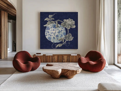 Floursack Autumn V Chinoiserie by Danhui Nai. Shown as extra-large giant wall art in a modern living room. Available as an archival giclee rolled canvas, fine art paper, or poster print. SKU 82801a.