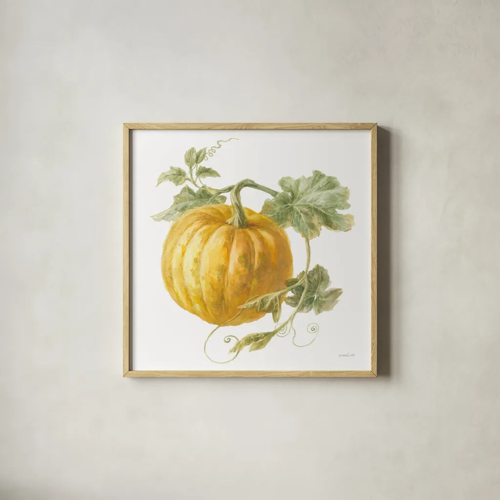 Floursack Autumn V on White by Danhui Nai. Shown in a natural wood glass frame for a timeless modern aesthetic. Available as an archival giclee rolled canvas, fine art paper, or poster print. SKU 48780a.