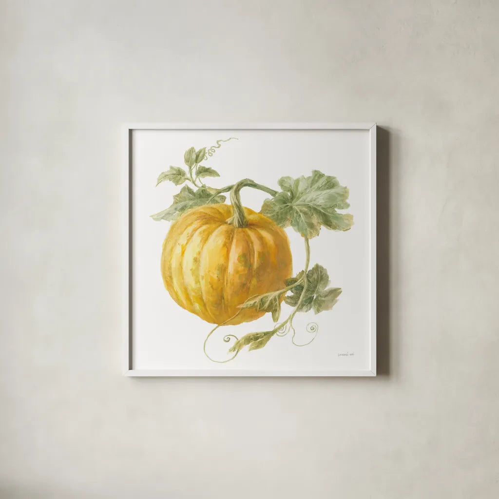 Floursack Autumn V on White by Danhui Nai. Shown in a crisp white glass frame for a clean and minimalist style. Available as an archival giclee rolled canvas, fine art paper, or poster print. SKU 48780a.