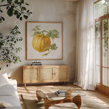 Floursack Autumn V on White by Danhui Nai. Shown in a natural wood frame in a cozy modern living room. Available as an archival giclee rolled canvas, fine art paper, or poster print. SKU 48780a.